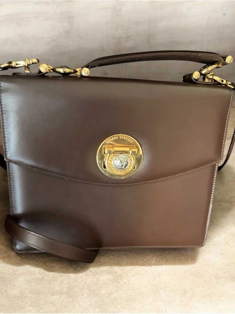Gianni Versace Designer Brown Leather Top-Handle Shoulder Bag with Gold Hardware